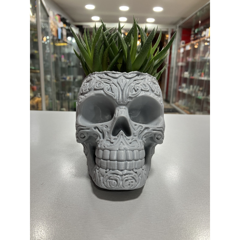 Maceta Calavera Decorada Gris en PLA